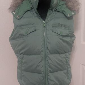 Calvin Klein Light Green Puffer Jacket With Faux Fur Hood Size XL